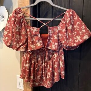 STATE Red Floral Puff Sleeve Blouse